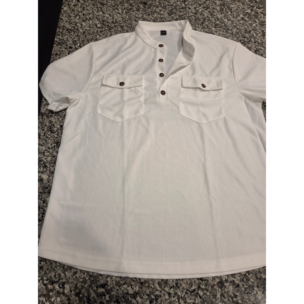 Mens White Waffle Knit Henley Shirt Short Sleeve Mandarin Collar XL Utility